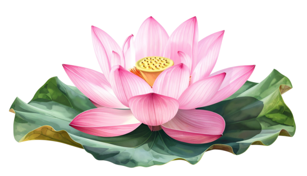 Delicate pink lotus blossom with yellow center rests on vibrant green leaf against black - Powered by Adobe