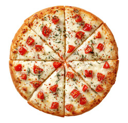 Margherita pizza cut into eight slices isolated on transparent background
