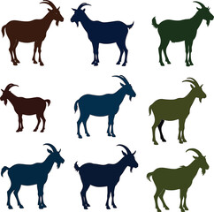 Modern goat silhouette vector set with solid, outline, and flat styles. Great for logo design, farm themes, and digital illustrations. High-quality editable icons.