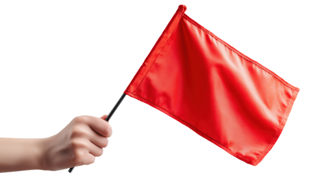 Hand gripping red flag held horizontally, isolated on transparent background