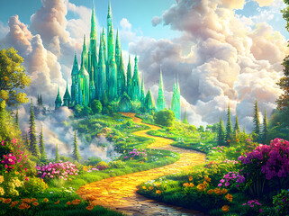 Emerald-toned city panorama with sparkling lights and dreamy atmosphere, fantasy landscape evoking Broadway-style wonder and mystical storytelling