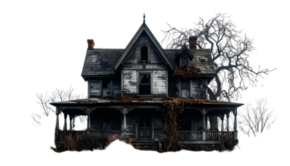 Dilapidated two-story house with broken windows and overgrown foliage against a black background