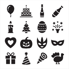 Collection of festive holiday and celebration icons including balloons cake champagne and gifts