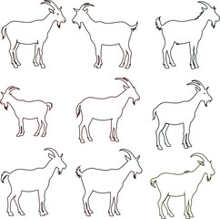 Goat outline vector icon set featuring clean lines and unique poses. Great for eco branding, countryside themes, and creative digital illustrations.