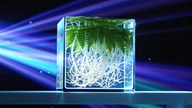 Hyper-Detailed Time-Lapse of Luminous Mycelium and Root Expansion in a Geometric Glass Cube, Lit by Neon Cyberpunk Beams.
