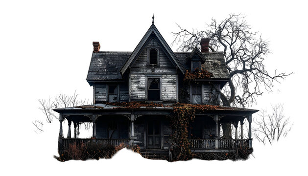 Dilapidated two-story house with broken windows and overgrown foliage against a black background