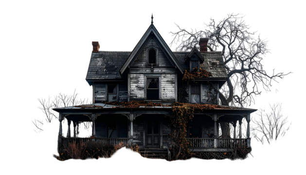 Dilapidated two-story house with broken windows and overgrown foliage against a black background