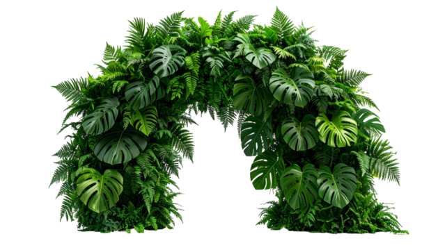 Lush green archway crafted from various tropical leaves against a transparent backdrop