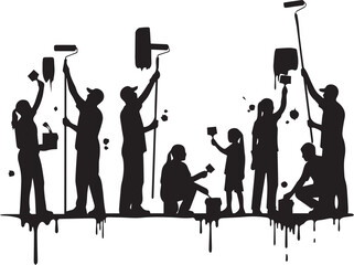 International volunteer day silhouettes of people planting trees and gardening on