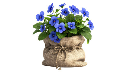 A cluster of vibrant blue flowers blooms from a burlap sack, lush green foliage