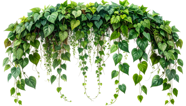 Lush green heart-shaped leaves forming a hanging arch, cascading downwards