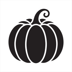 Simple black silhouette of a classic pumpkin with a curled stem on a white background