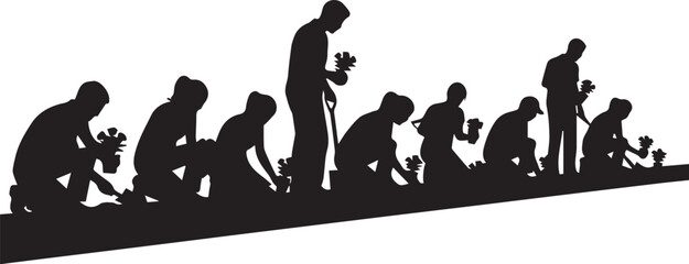 Diverse silhouettes depicting international volunteer day actions helping community and nature