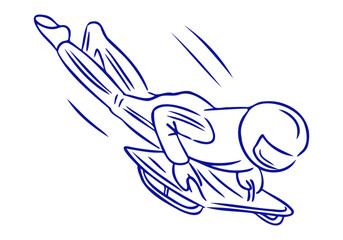 Skeleton athlete racing down the ice track in minimalist blue line art style. Concept of winter sport, speed, courage and Olympic competition
