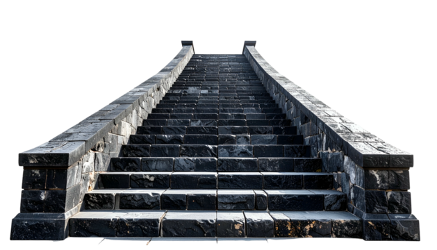 Stone staircase with dark, textured steps leading upward, isolated on black background