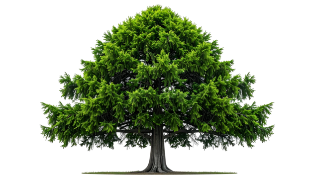 Lush green tree with full foliage and thick trunk stands against a transparent background