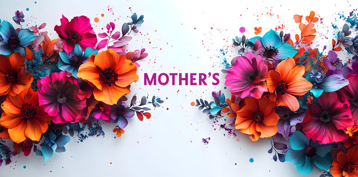 Vibrant floral Mother’s Day background featuring bold colorful flowers, modern botanical patterns, and cheerful decorative design for celebration cards and prints