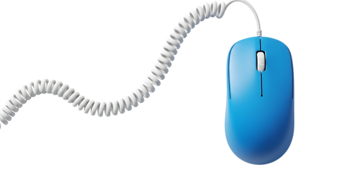 Blue computer mouse connected by a long white spring-like coiled cable, depicting modern technology, digital connection, and computing control isolated on white.