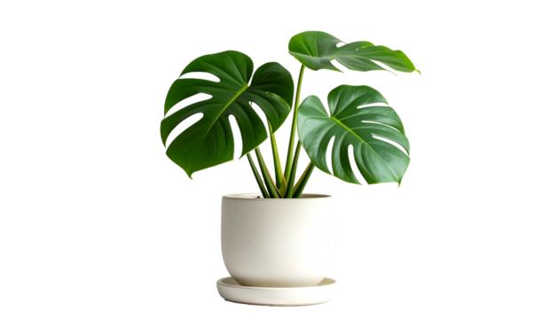 A lush, vibrant Monstera plant with large, green leaves in a white ceramic pot