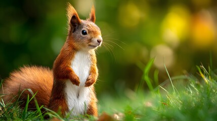 Alert European red squirrel standing upright amidst vibrant green grass with bright natural background illumination