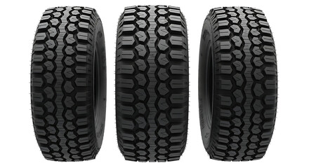 Three new off-road all-terrain mud tires with aggressive tread pattern for four-wheel drive vehicles, sports utility vehicles, and heavy-duty trucks, isolated studio shot.
