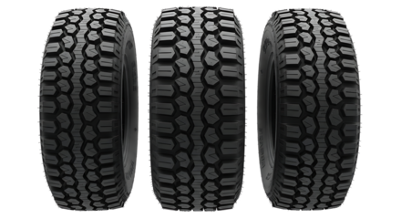 Three new off-road all-terrain mud tires with aggressive tread pattern for four-wheel drive vehicles, sports utility vehicles, and heavy-duty trucks, isolated studio shot.