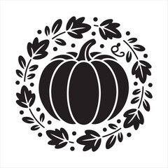 Black and white silhouette of a pumpkin surrounded by a decorative autumn leaf wreath