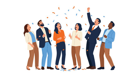 A diverse group of colleagues celebrate success with confetti, arms raised in a vibrant illustration, representing teamwork, achievement, and corporate joy against a white backdrop.