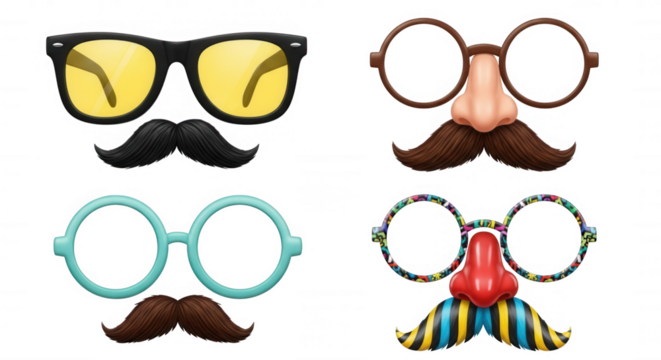 Four fun photo props isolated on a transparent background