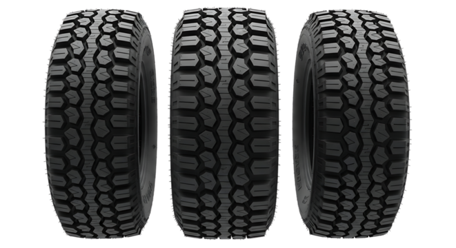 Three new off-road all-terrain mud tires with aggressive tread pattern for four-wheel drive vehicles, sports utility vehicles, and heavy-duty trucks, isolated studio shot.