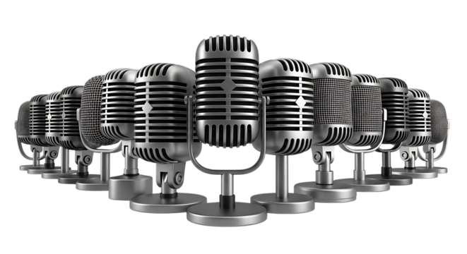Renders a large group of classic silver chrome retro vintage microphones standing together in a wide arc formation, symbolizing press conference, broadcast, and news media on white background