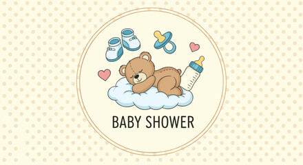 Baby shower invitation with cute teddy bear and baby accessories.