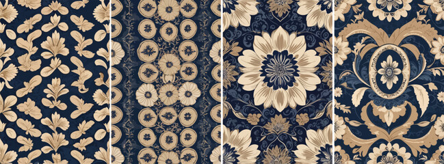 Seamless kawung batik pattern, symmetrical oval shapes forming flower-like design, beige and dark blue color palette, clean vector style
