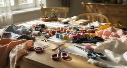 Sewing table with colorful spools, fabrics, scissors, and tools bathed in sunlight