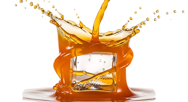 A golden liquid splashes around an ice cube, isolated on transparent background, creating a refreshing and dynamic visual for beverages