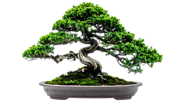 A meticulously shaped bonsai tree with lush green foliage, in a grey pot