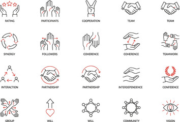 25 teamwork icons, labeled line style, collaboration, synergy, partnership, community, interaction, confidence, vector illustration, editable stroke, professional concept