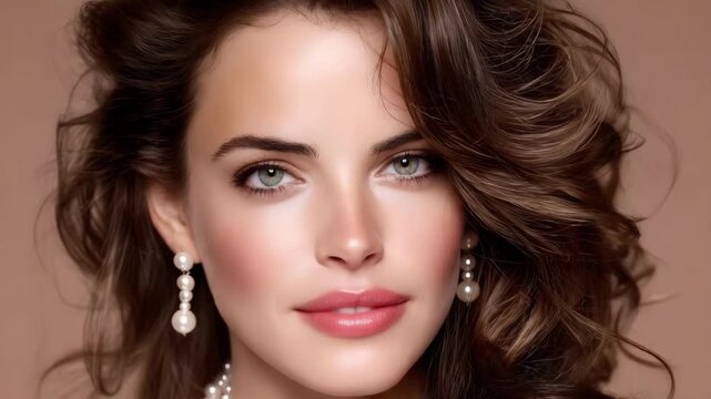 Close-up portrait of a woman with wavy brown hair, pearl drop earrings, and soft pink makeup.