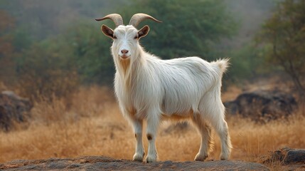 Obraz premium Majestic white horned mammal stands atop rock formation in sunlit natural habitat