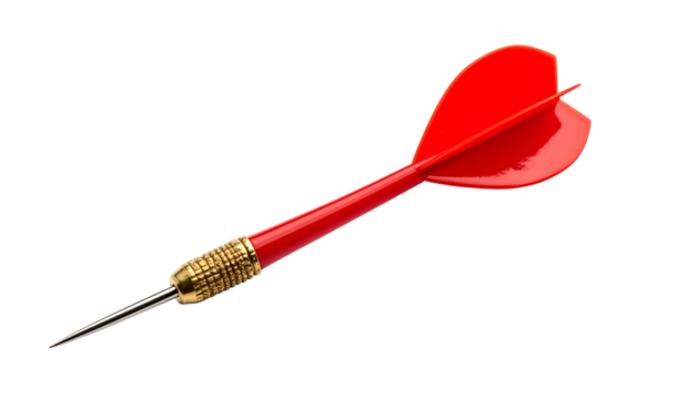 A single red dart, angled, on a black background, showing the point, barrel, and fins