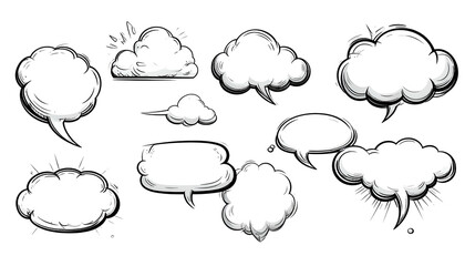 Cartoon speech bubbles of different shapes, outlines in black, on a black background