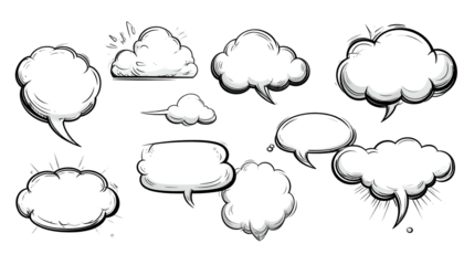 Cartoon speech bubbles of different shapes, outlines in black, on a black background