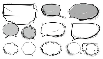 Collection of stylized speech bubbles, various shapes, with a sketched outline on black