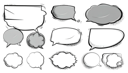Collection of stylized speech bubbles, various shapes, with a sketched outline on black