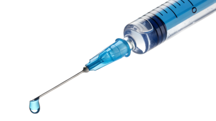Syringe filled with blue vaccine fluid, isolated transparent background, precise drop at needle tip.