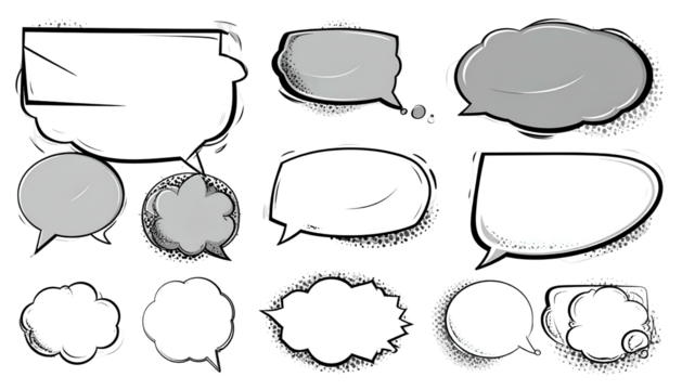 Collection of stylized speech bubbles, various shapes, with a sketched outline on black