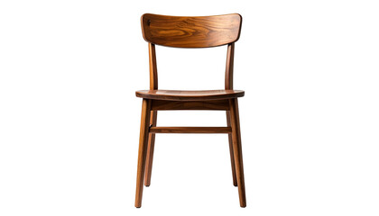 A front-facing shot of a wooden chair with a solid back against a black background