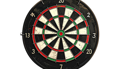 A circular dartboard with black, white, red, and green segments, numbers around its edge
