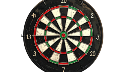 A circular dartboard with black, white, red, and green segments, numbers around its edge