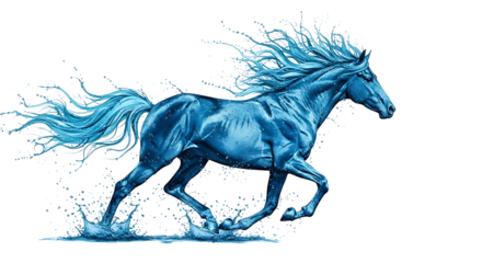 A majestic horse formed from water, galloping with power and grace, symbolizing freedom and fluidity isolated on transparent background